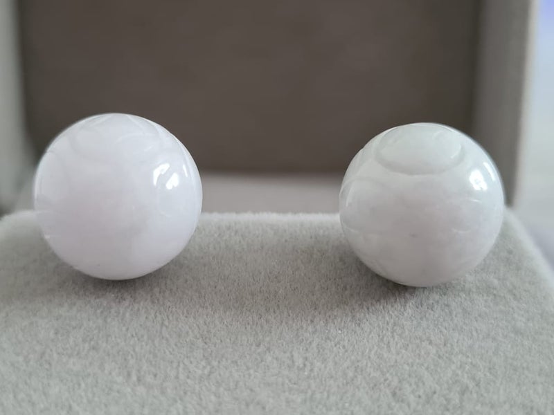 9ct Round Carved White Jade Stud Earrings in 925 Sterling Silver