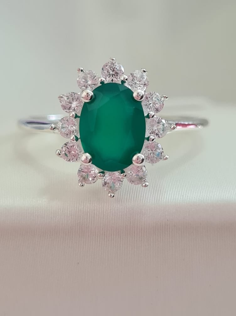 Verde Onyx and Natural Cambodian Zircon Halo Ring SIZE O