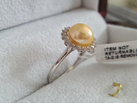 Freshwater Golden Pearl & Natural Zircon Halo Ring