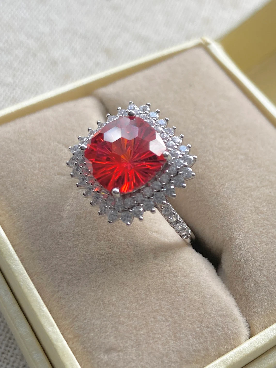 Halo Simulated Orange Sapphire Ring with Simulated Diamonds Sterling Silver SIZE L