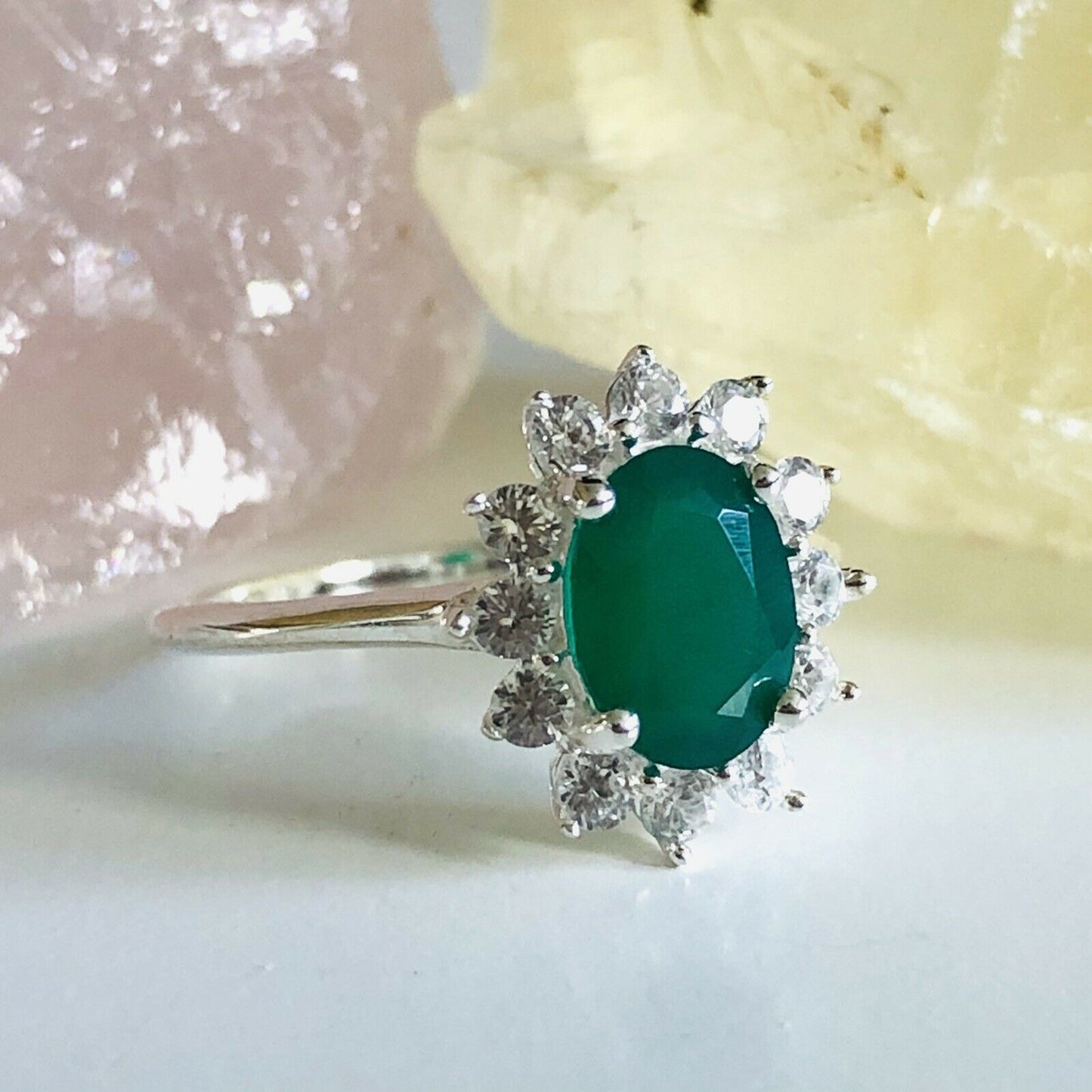 Verde Onyx and Natural Cambodian Zircon Halo Ring SIZE O