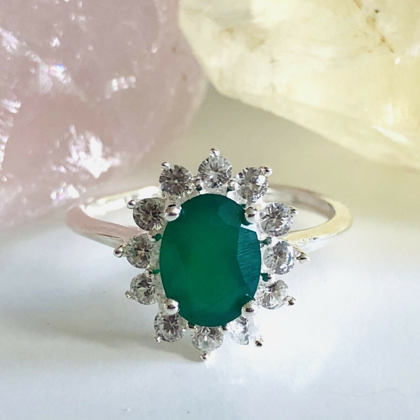 Verde Onyx and Natural Cambodian Zircon Halo Ring SIZE O