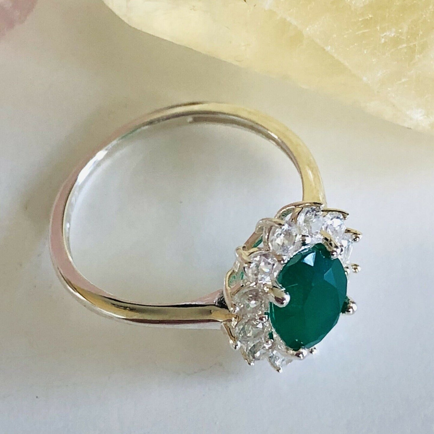 Verde Onyx and Natural Cambodian Zircon Halo Ring SIZE O