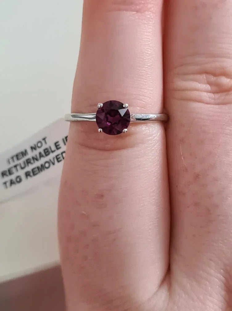 Purple Solitaire Swarovski Crystal Sterling Silver Ring SIZE O