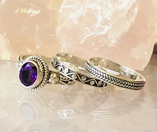 Set Of Three Lusaka Amethyst Stacking Ring in Sterling Silver SIZE R