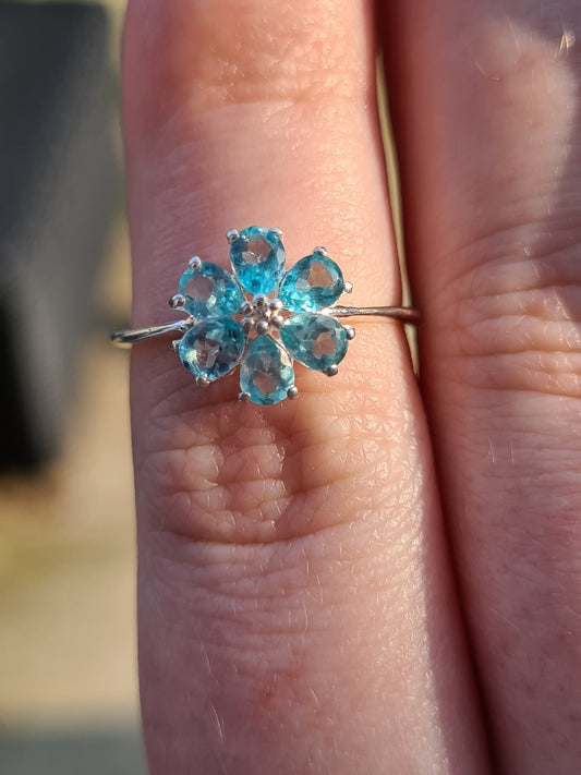 Blue Apatite and Natural Cambodian Zircon Flower Ring SIZES M , N , Q