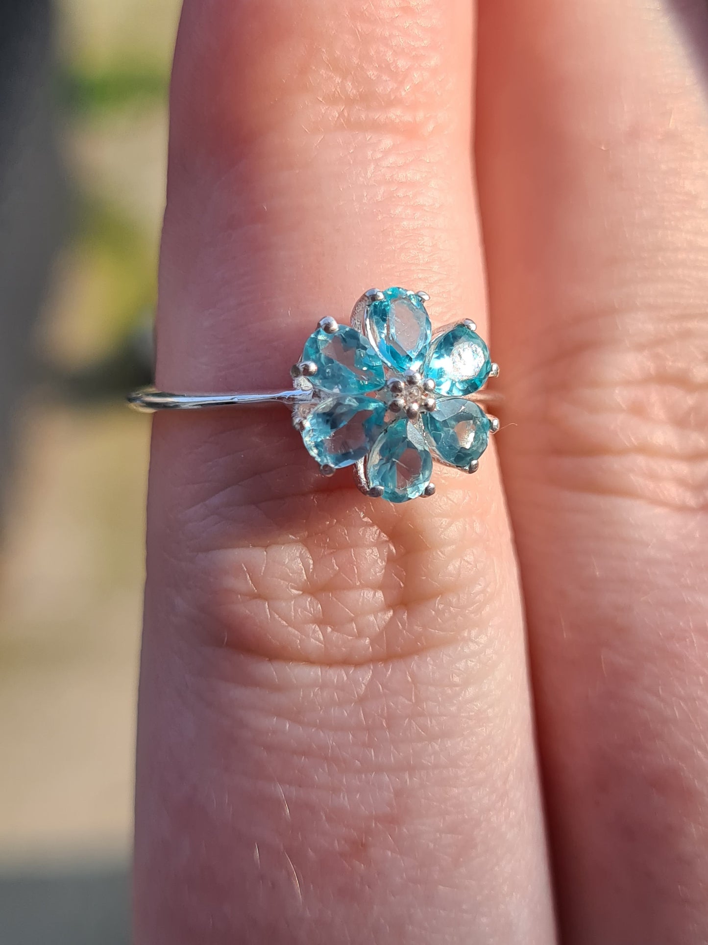 Blue Apatite and Natural Cambodian Zircon Flower Ring SIZES M , N , Q